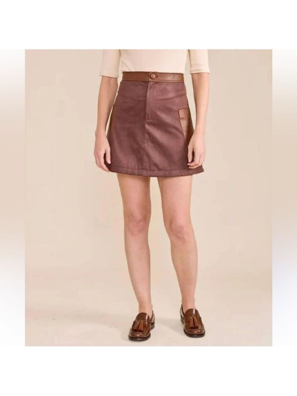 S’Edge Zoe Faux Leather Brown Mini Skirt Size XS NWT
